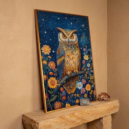 Whimsical Owl on Starry Night Canvas in antique gold floating frame