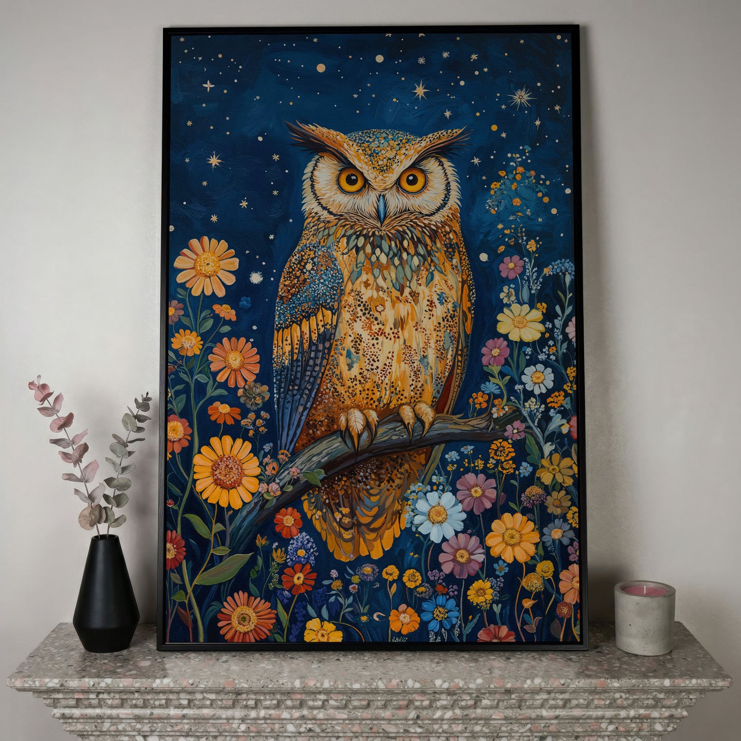 Whimsical Owl on Starry Night Canvas in black floating frame