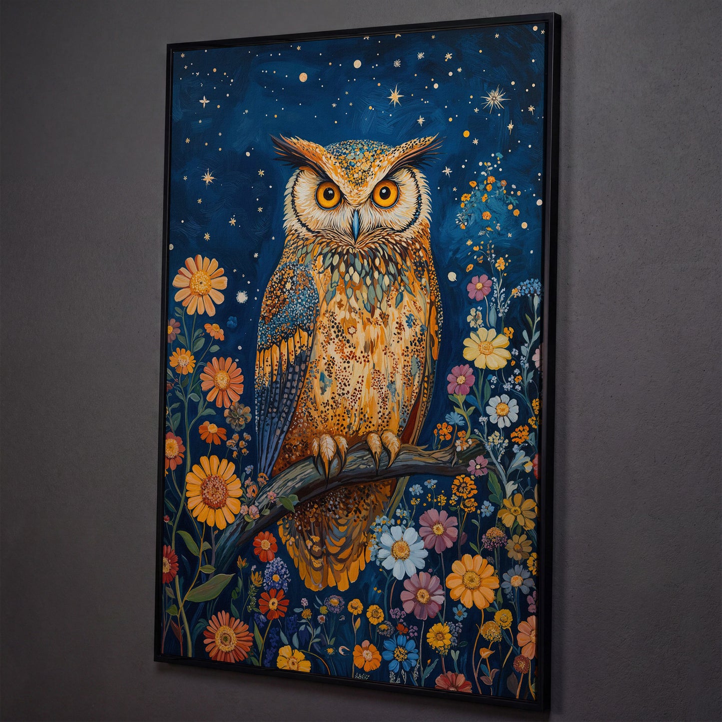 Whimsical Owl on Starry Night Canvas shown in black floating frame