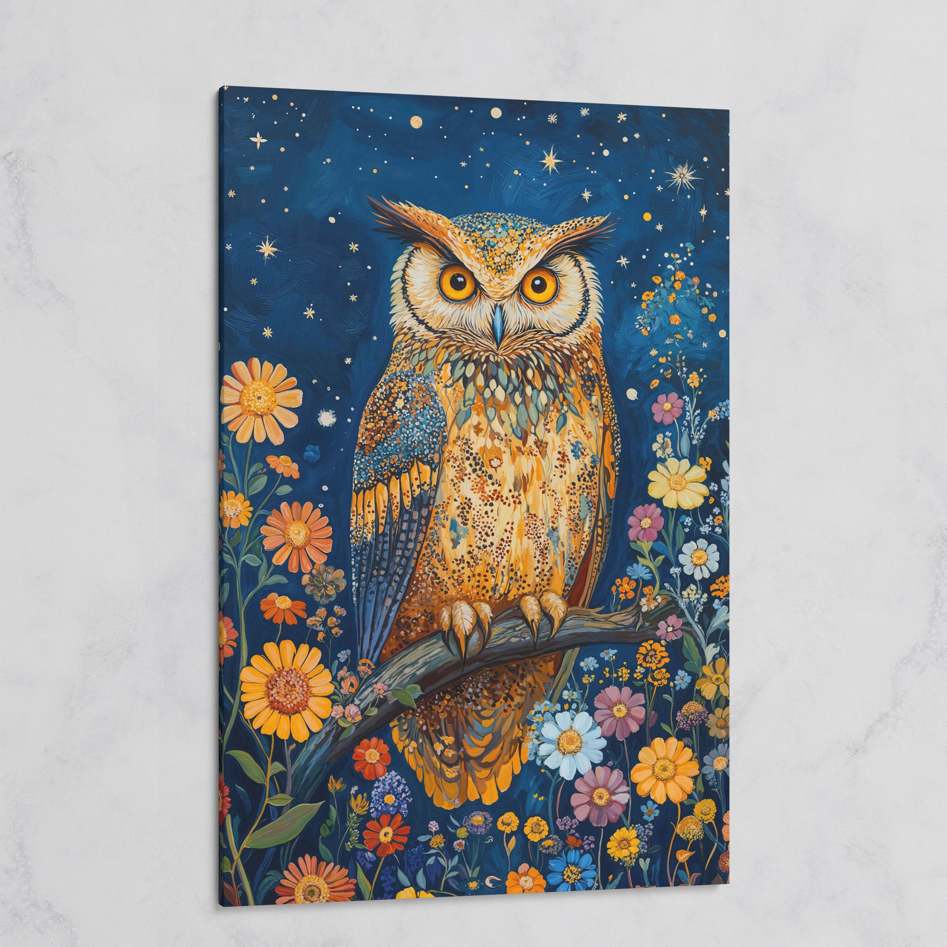 Whimsical Owl on Starry Night Canvas on gallery wrap