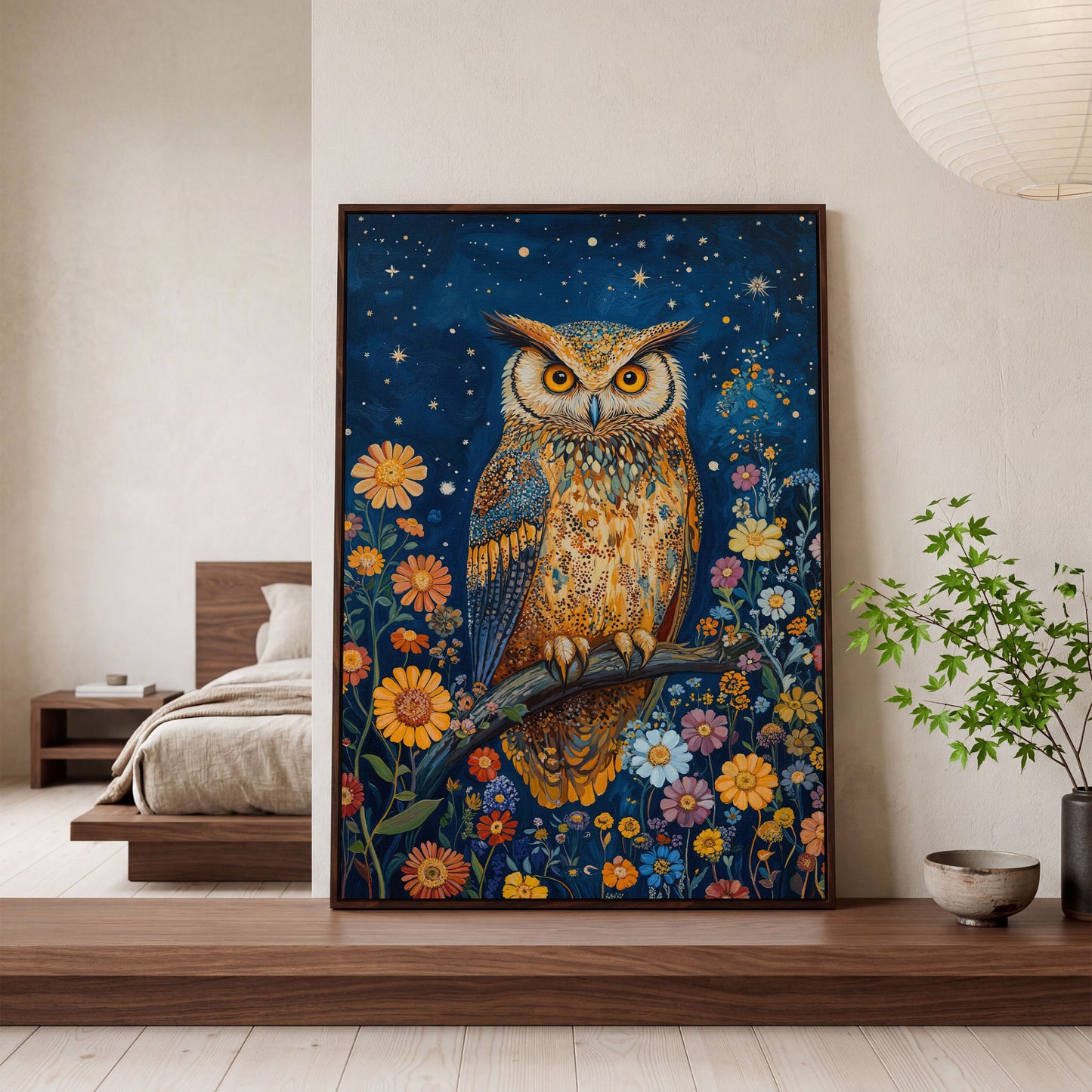Whimsical Owl on Starry Night Canvas in dark walnut floating frame