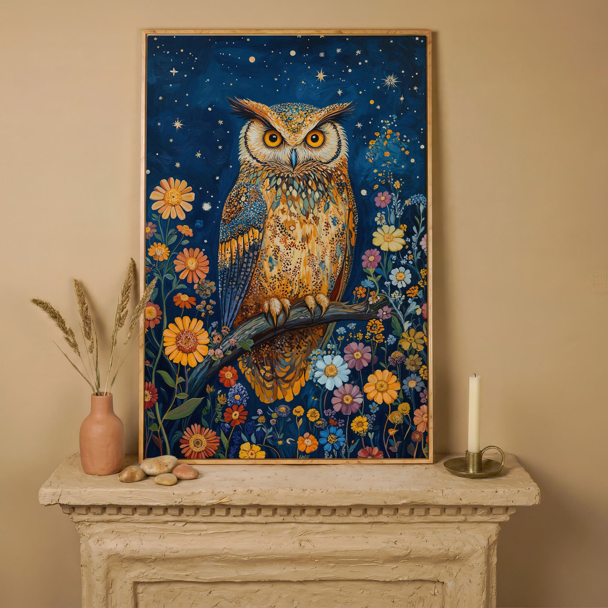 Whimsical Owl on Starry Night Canvas in white oak floating frame
