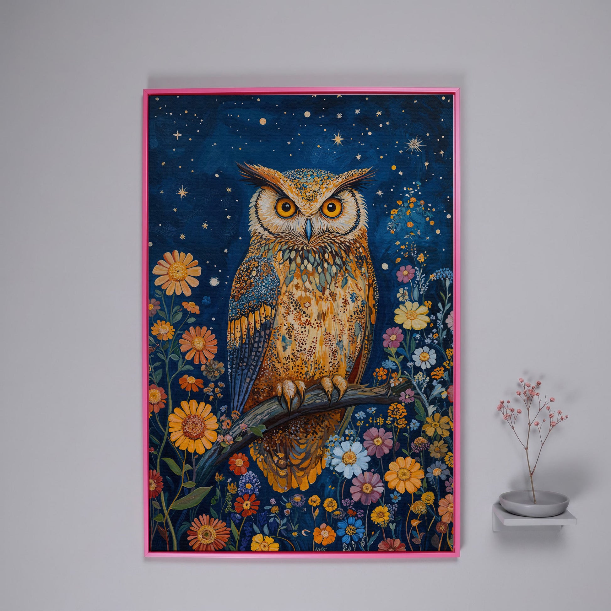 Whimsical Owl on Starry Night Canvas in pink floating frame