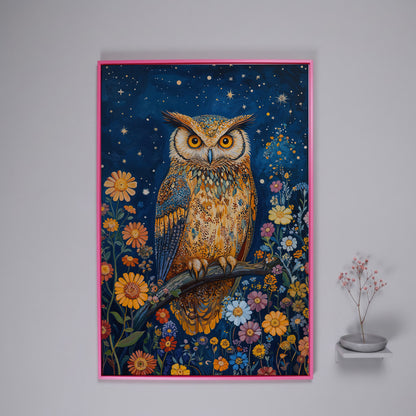 Whimsical Owl on Starry Night Canvas in pink floating frame
