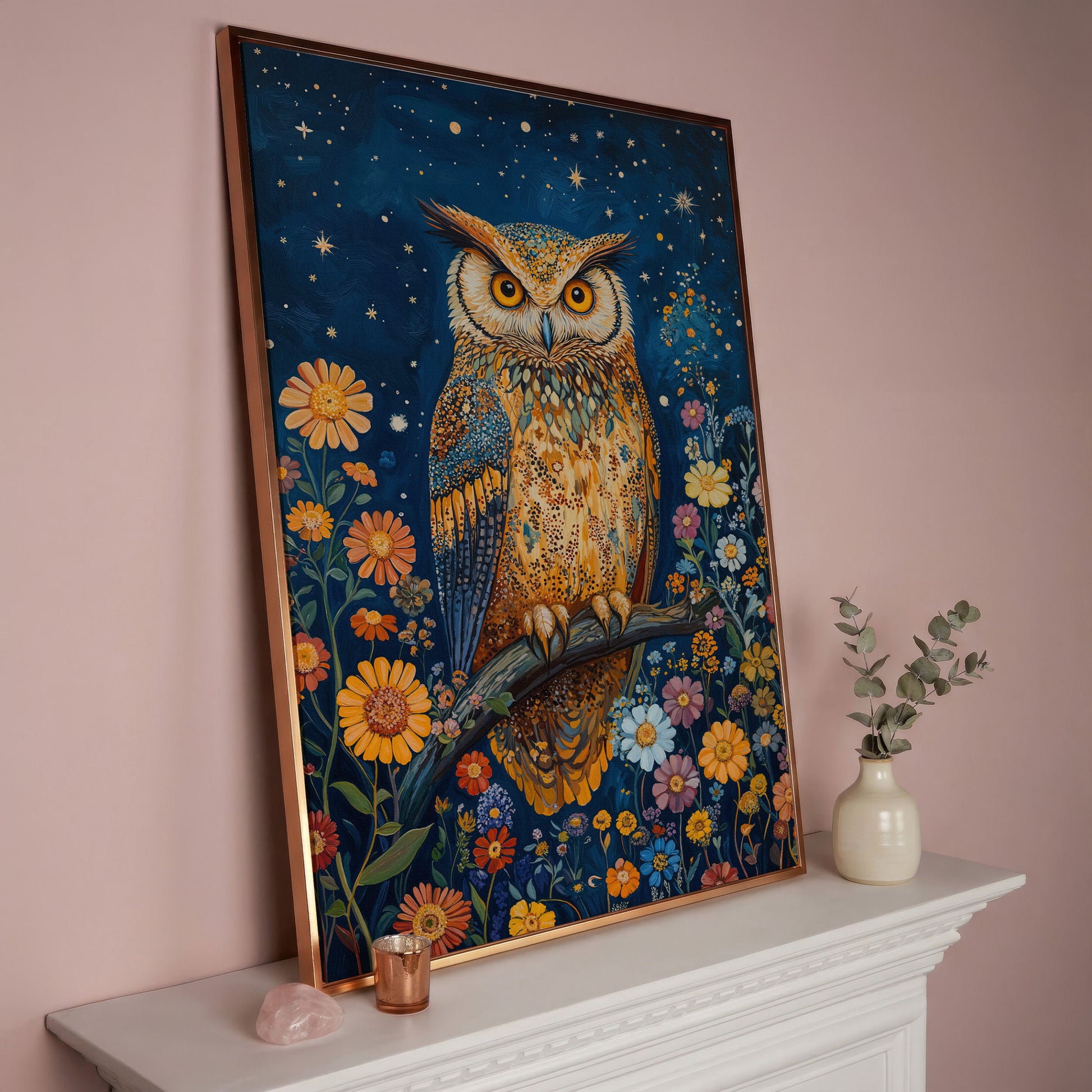 Whimsical Owl on Starry Night Canvas in rose gold floating frame