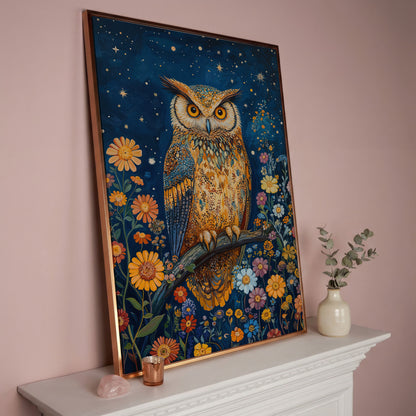 Whimsical Owl on Starry Night Canvas in rose gold floating frame