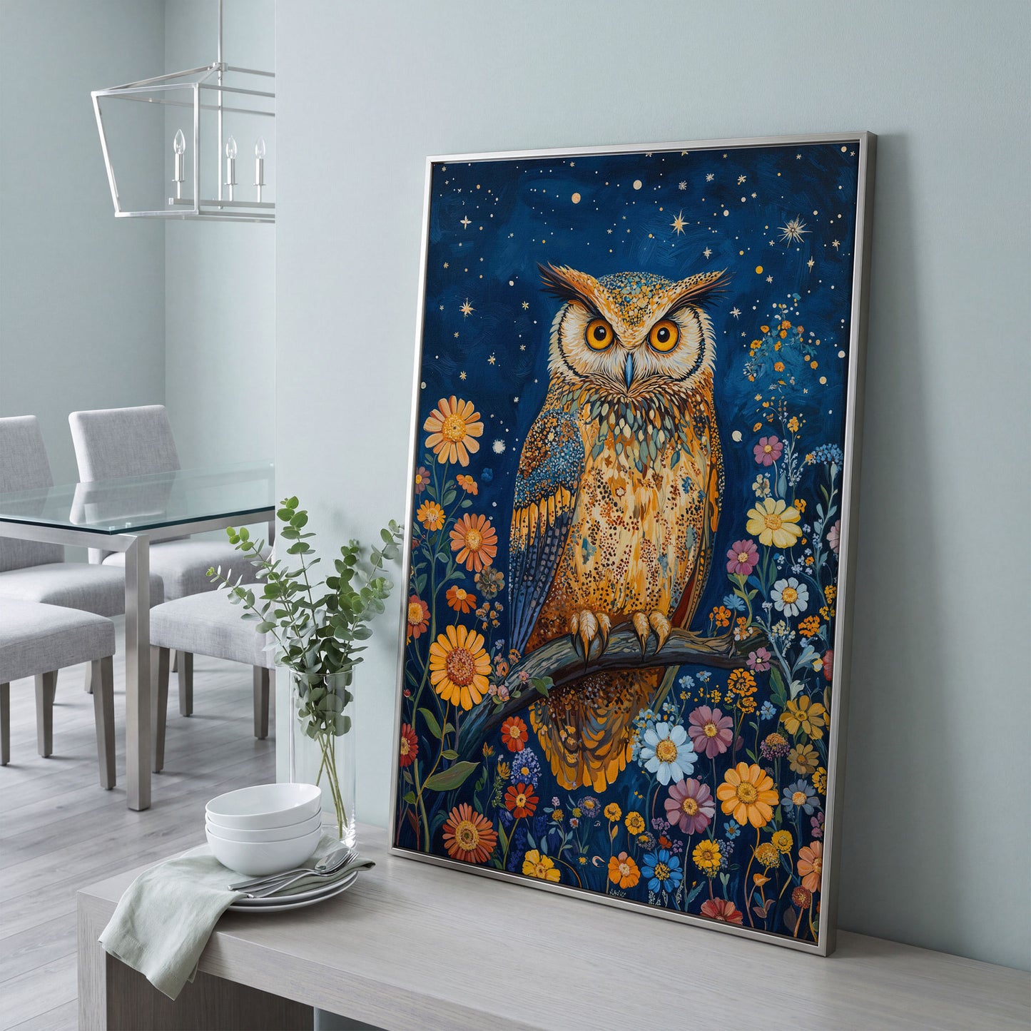Whimsical Owl on Starry Night Canvas in silver floating frame