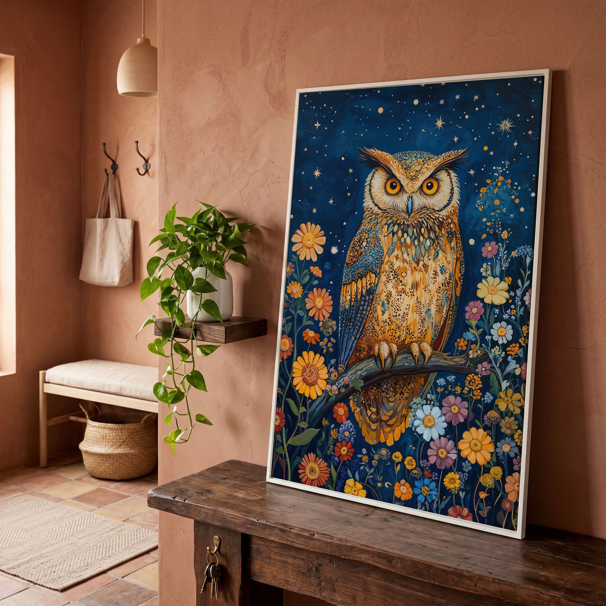 Whimsical Owl on Starry Night Canvas in white floating frame