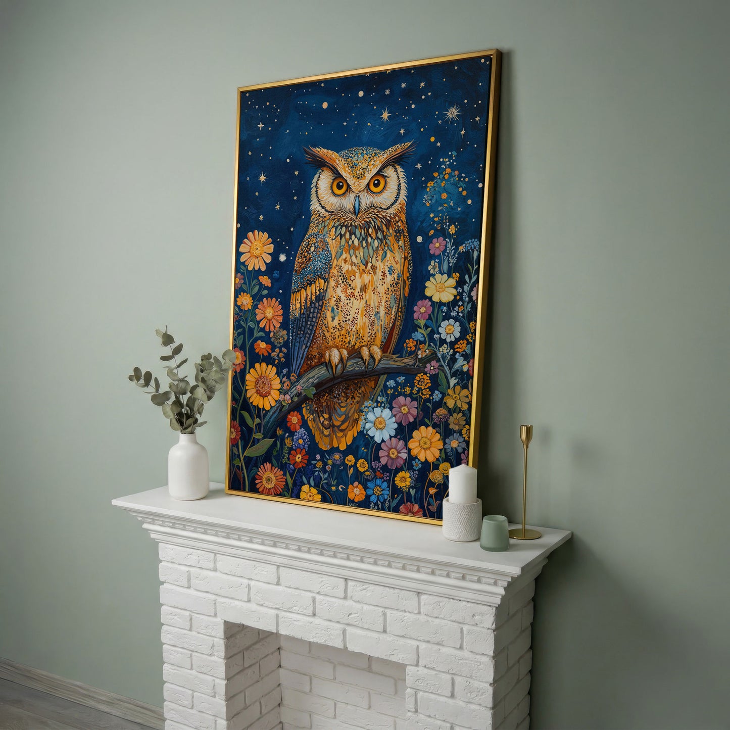 Whimsical Owl on Starry Night Canvas in yellow gold floating frame