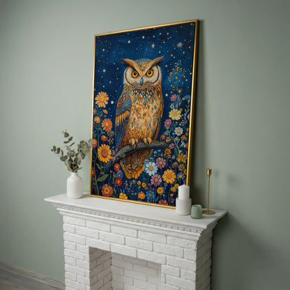 Whimsical Owl on Starry Night Canvas in yellow gold floating frame