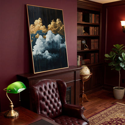 Surreal Cloudscape Canvas Print in Gold and Indigo in antique gold floating frame