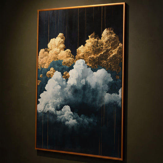 Surreal Cloudscape Canvas Print in Gold and Indigo shown in antique gold floating frame