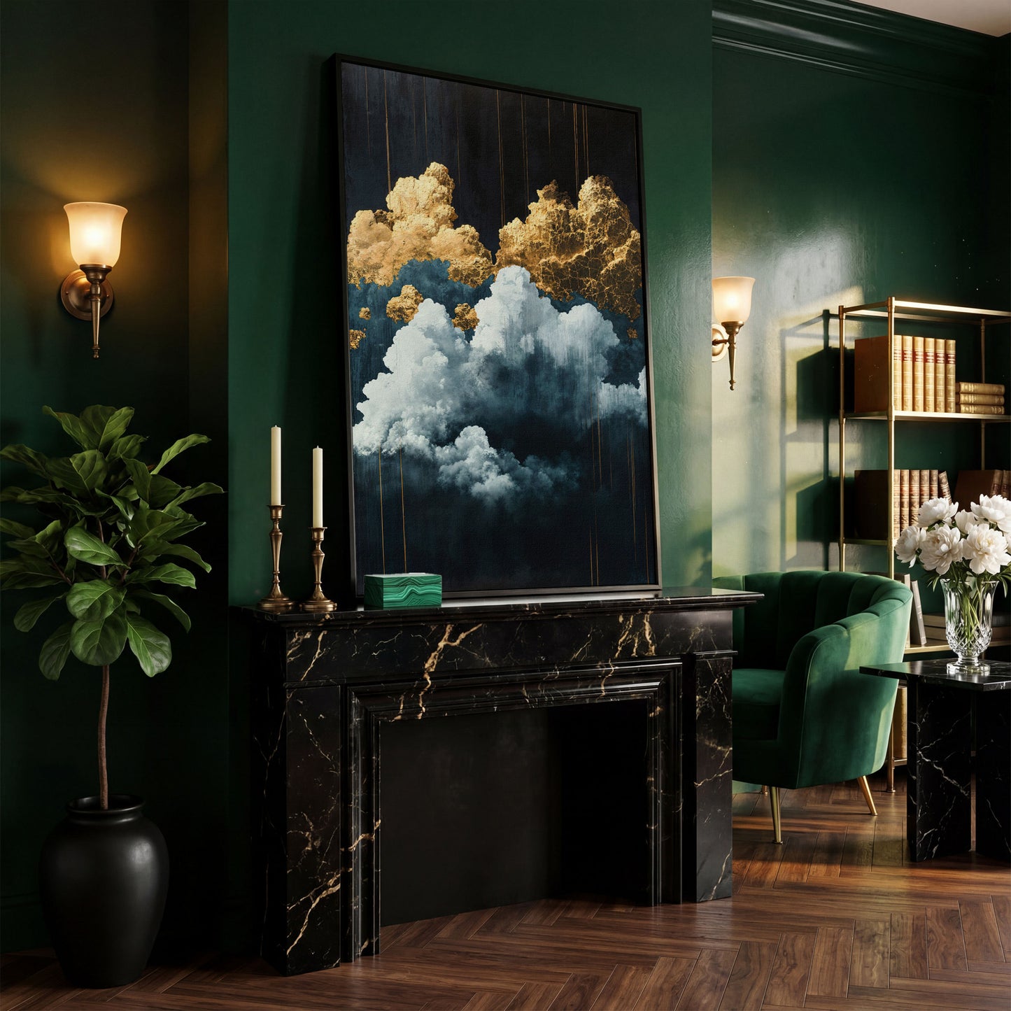 Surreal Cloudscape Canvas Print in Gold and Indigo in black floating frame