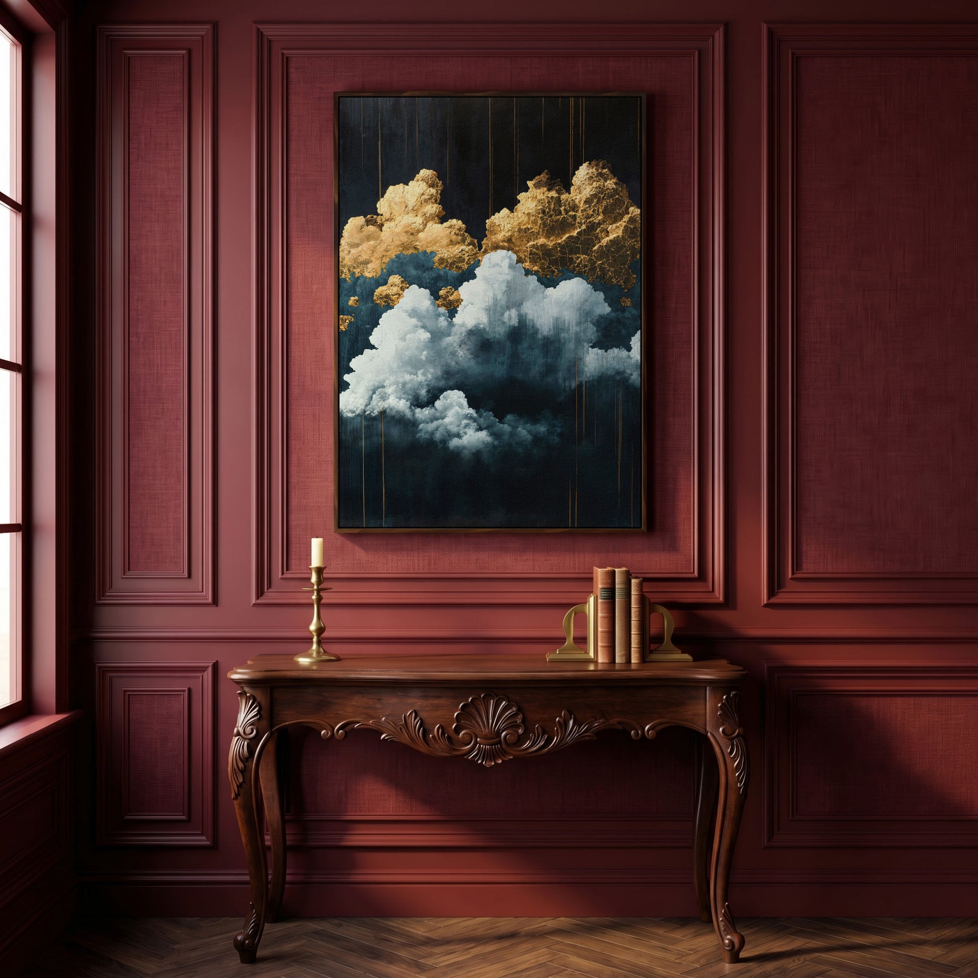 Surreal Cloudscape Canvas Print in Gold and Indigo in dark walnut floating frame
