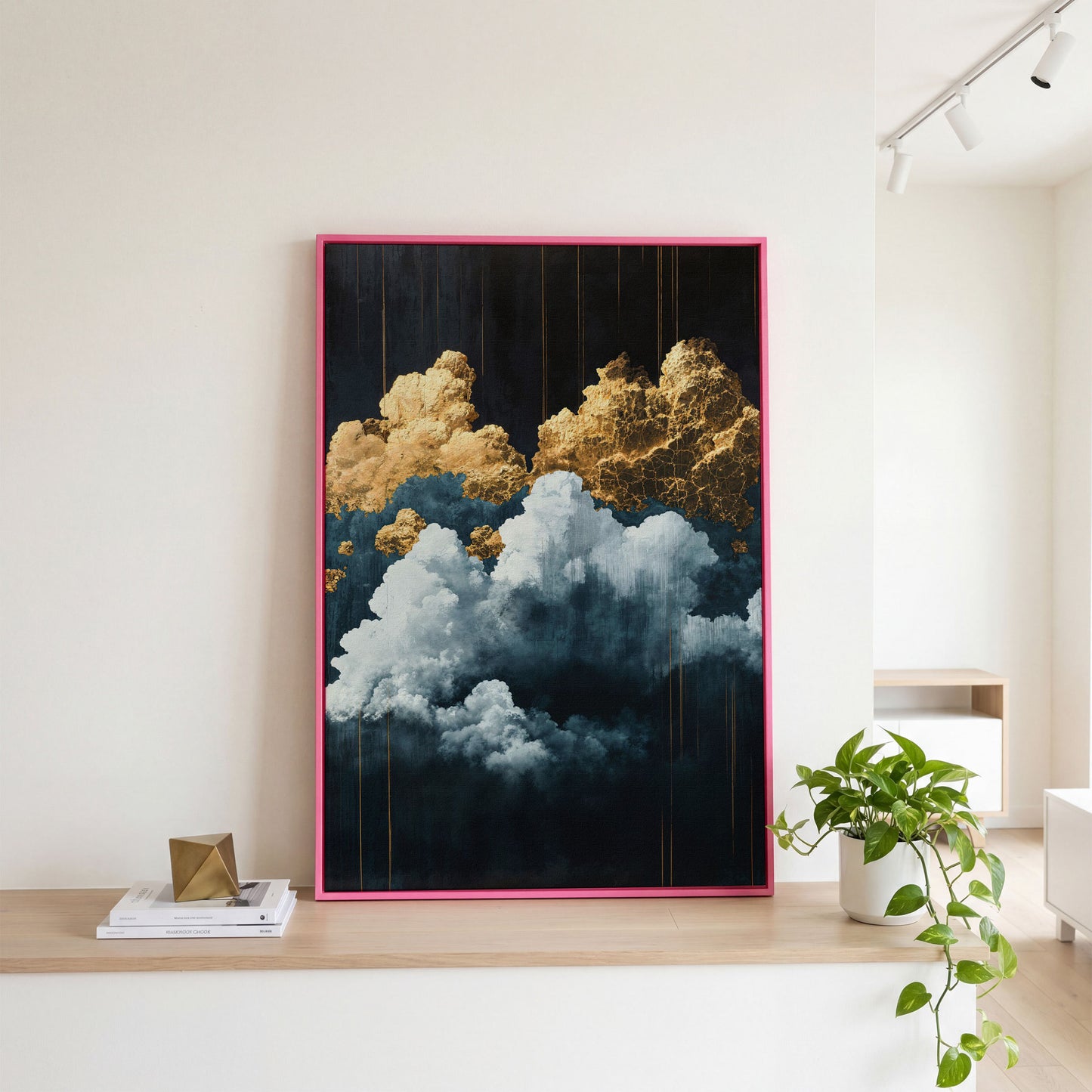Surreal Cloudscape Canvas Print in Gold and Indigo in pink floating frame