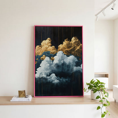 Surreal Cloudscape Canvas Print in Gold and Indigo in pink floating frame