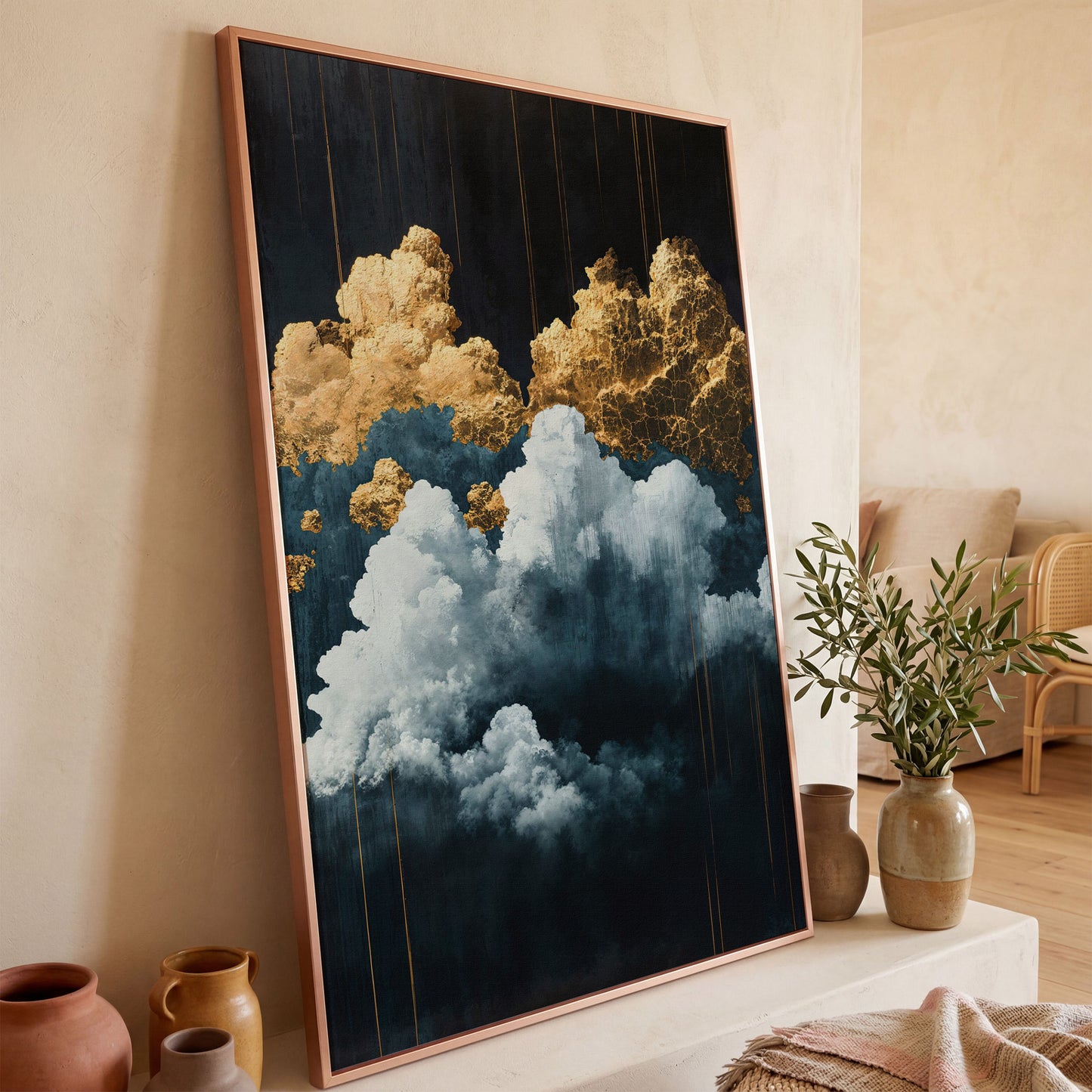 Surreal Cloudscape Canvas Print in Gold and Indigo in rose gold floating frame