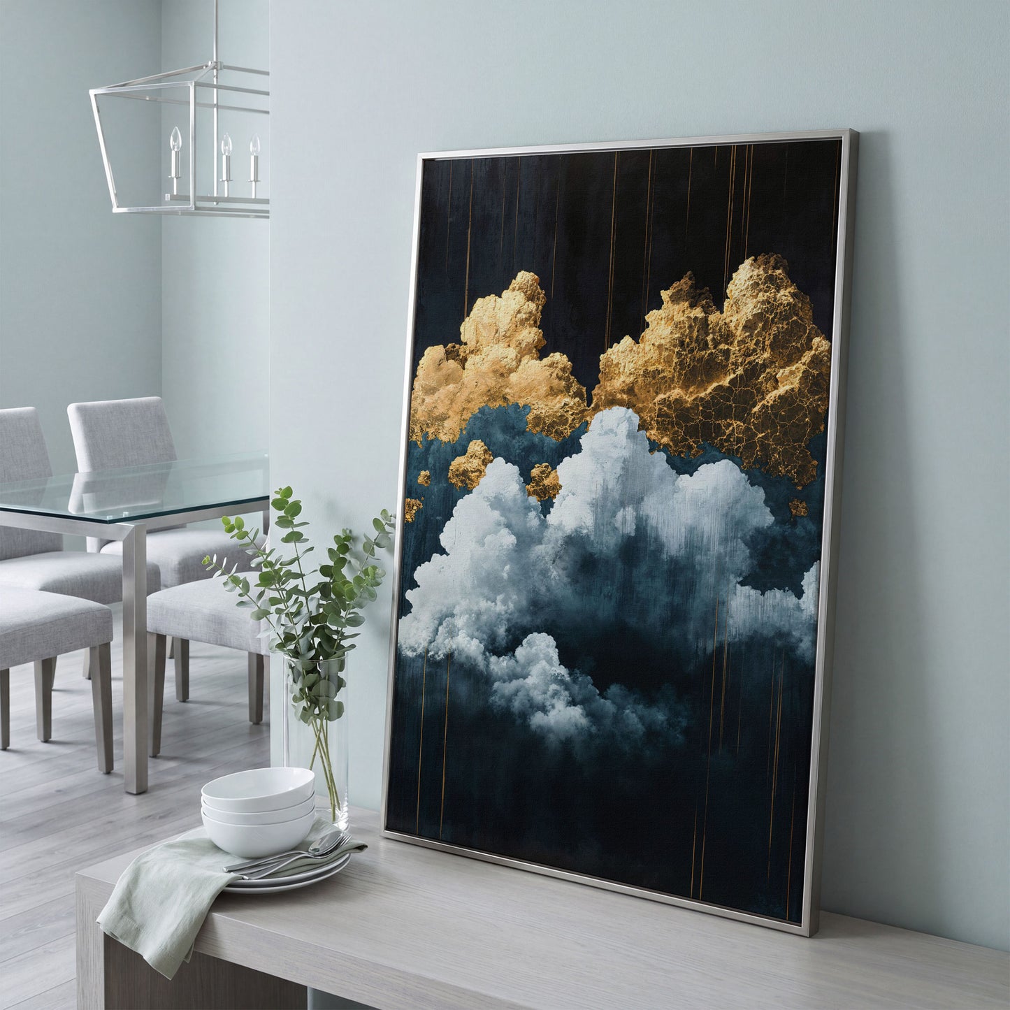 Surreal Cloudscape Canvas Print in Gold and Indigo in silver floating frame