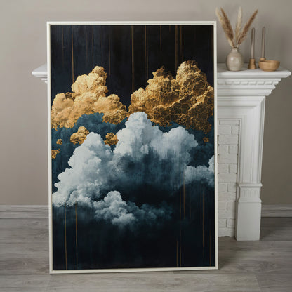 Surreal Cloudscape Canvas Print in Gold and Indigo in white floating frame