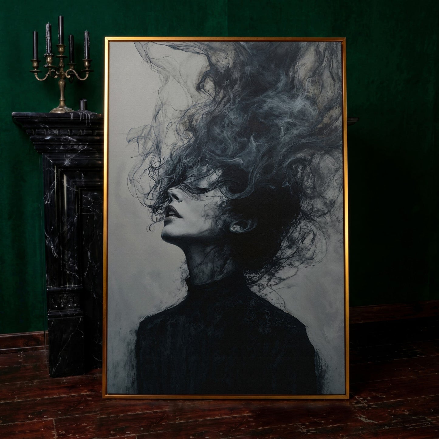 Moody Abstract Feminine Portrait Canvas in antique gold floating frame