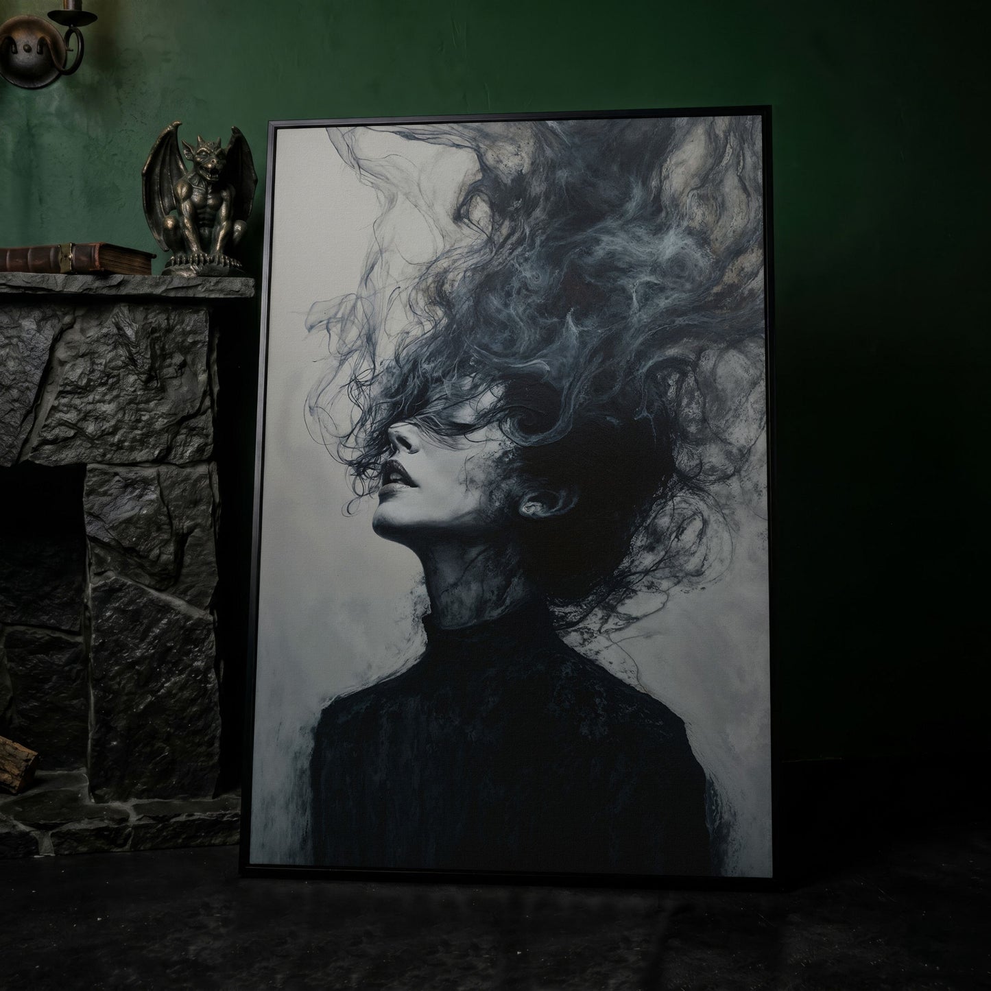 Moody Abstract Feminine Portrait Canvas in black floating frame