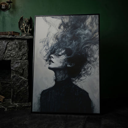 Moody Abstract Feminine Portrait Canvas in black floating frame
