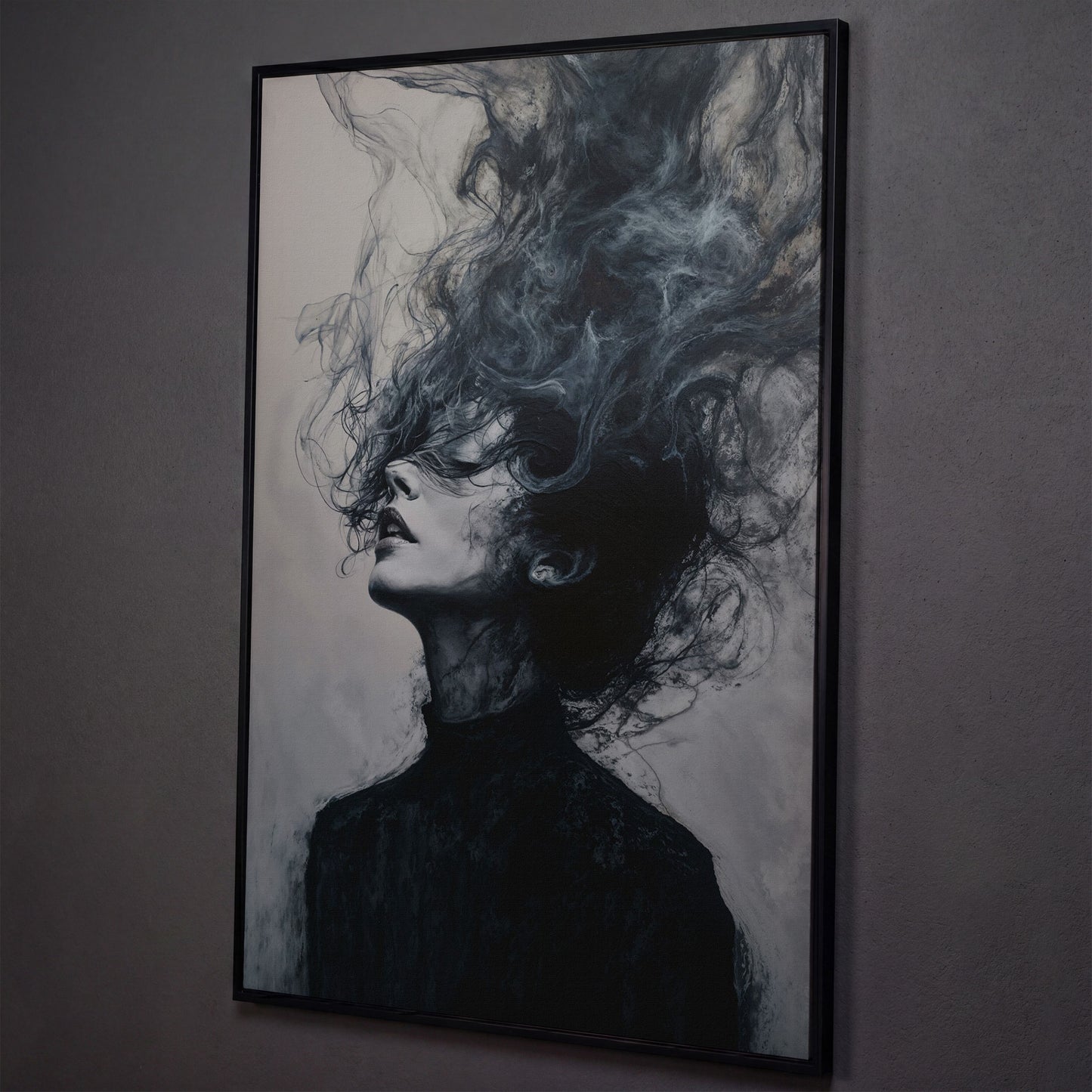 Moody Abstract Feminine Portrait Canvas shown in black floating frame