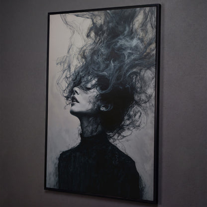 Moody Abstract Feminine Portrait Canvas shown in black floating frame