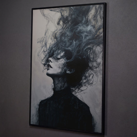Moody Abstract Feminine Portrait Canvas shown in black floating frame