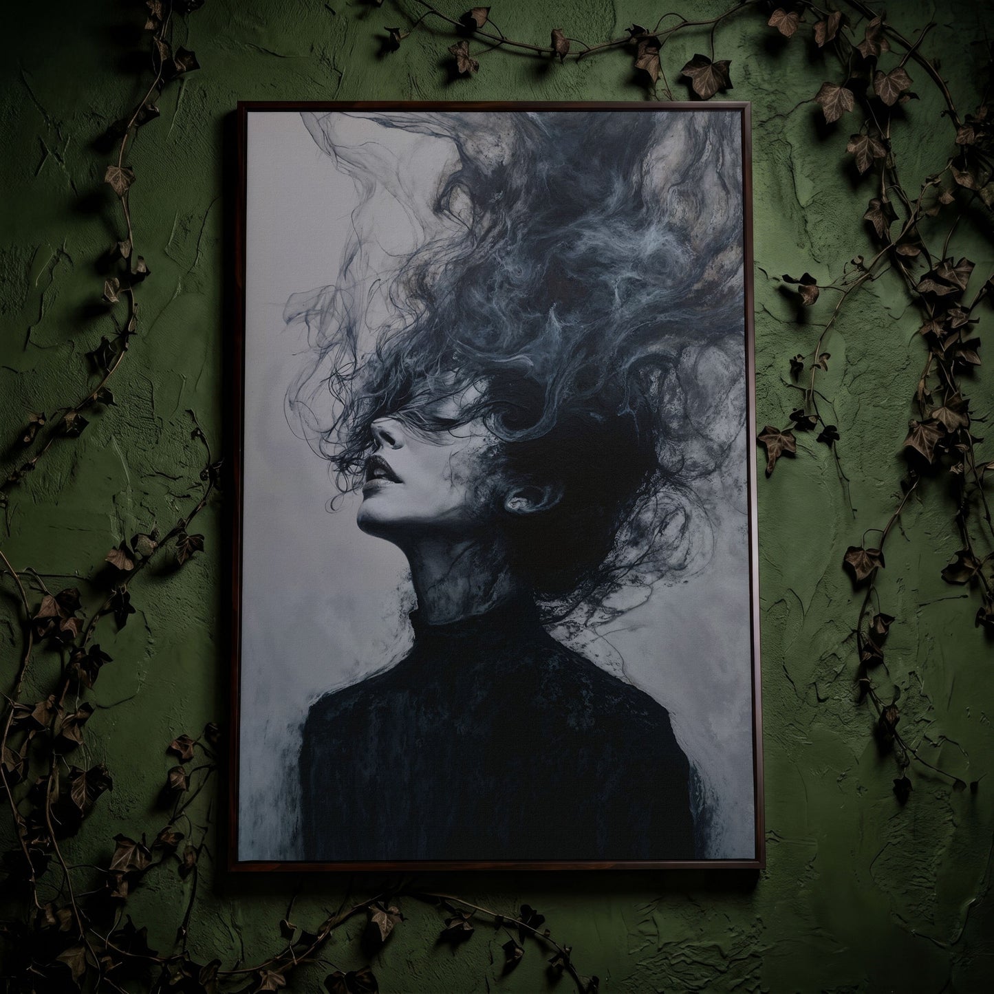 Moody Abstract Feminine Portrait Canvas in dark walnut floating frame