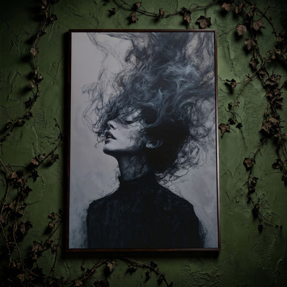 Moody Abstract Feminine Portrait Canvas in dark walnut floating frame