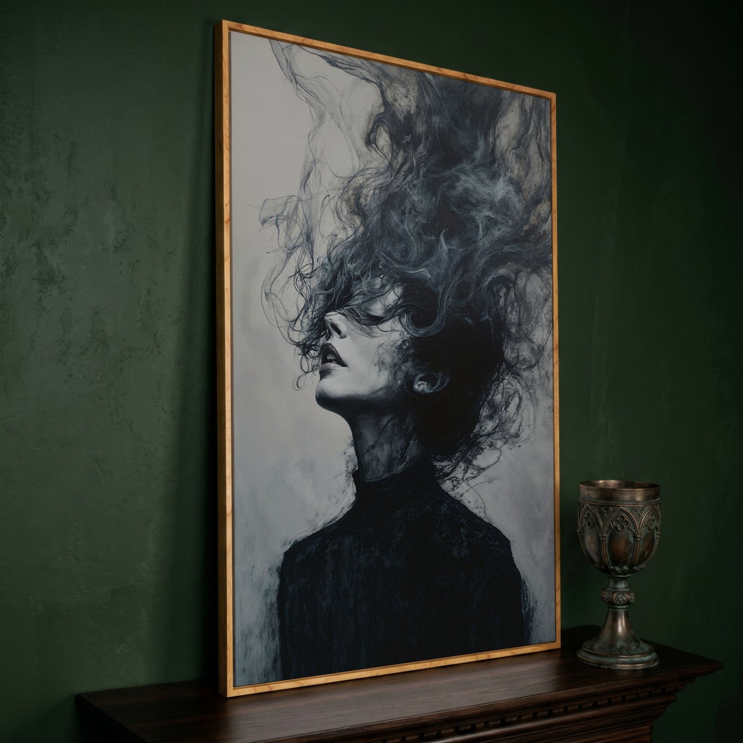 Moody Abstract Feminine Portrait Canvas in white oak floating frame