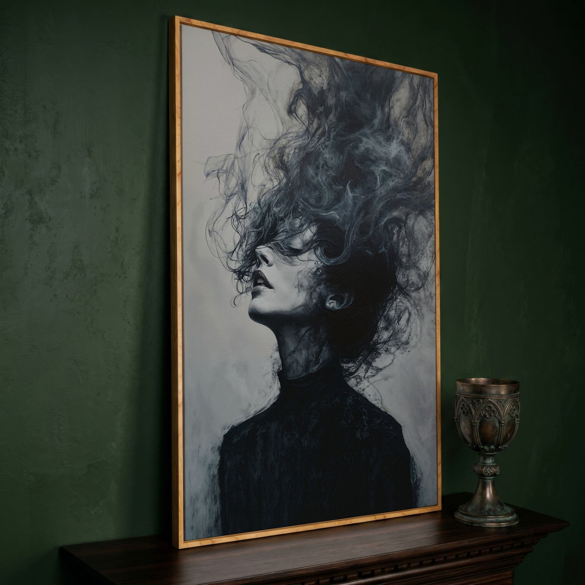 Moody Abstract Feminine Portrait Canvas in white oak floating frame
