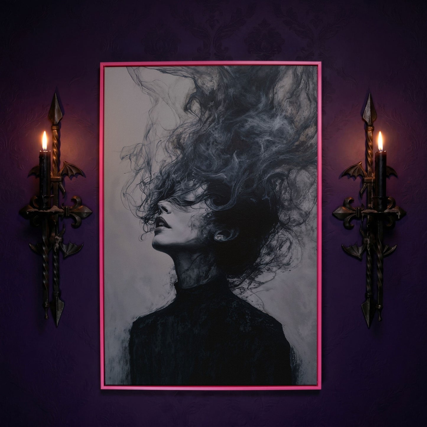 Moody Abstract Feminine Portrait Canvas in pink floating frame