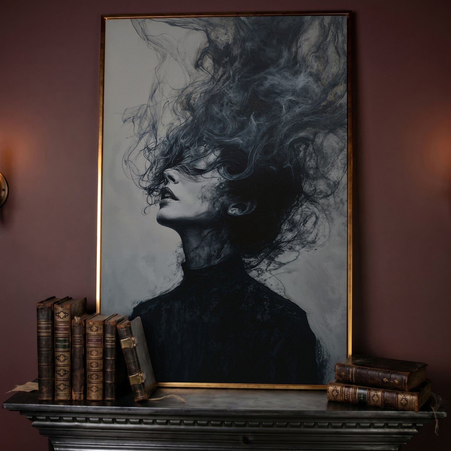 Moody Abstract Feminine Portrait Canvas in rose gold floating frame