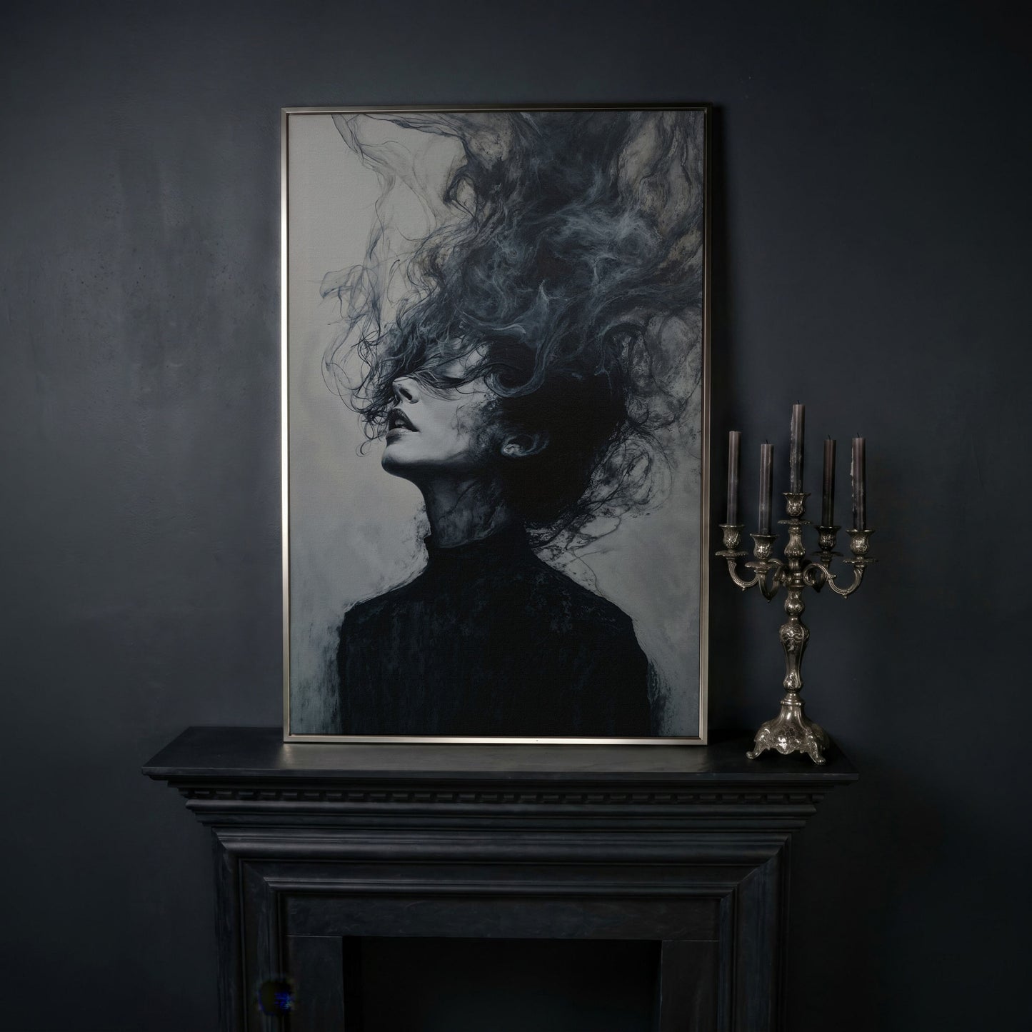 Moody Abstract Feminine Portrait Canvas in silver floating frame