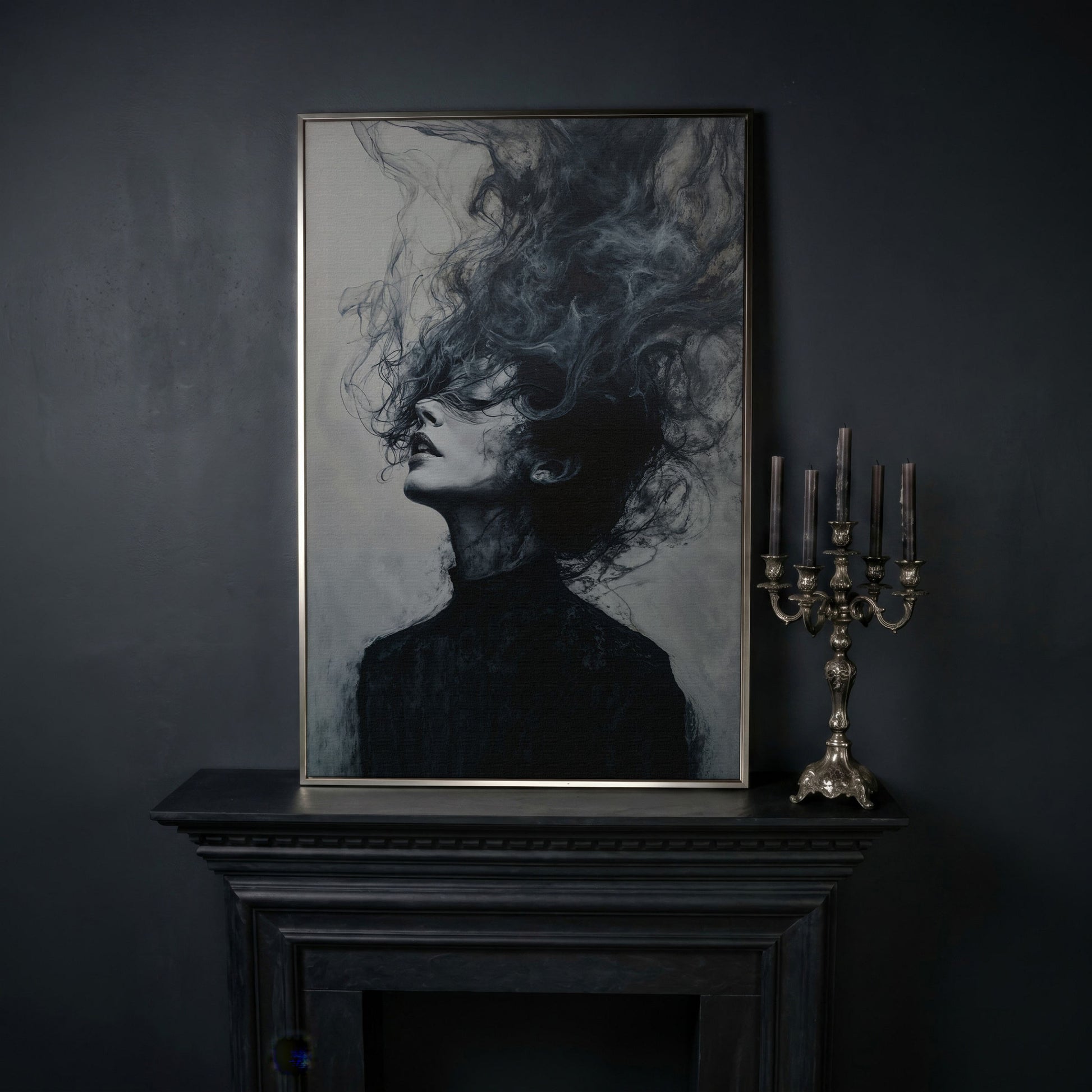 Moody Abstract Feminine Portrait Canvas in silver floating frame