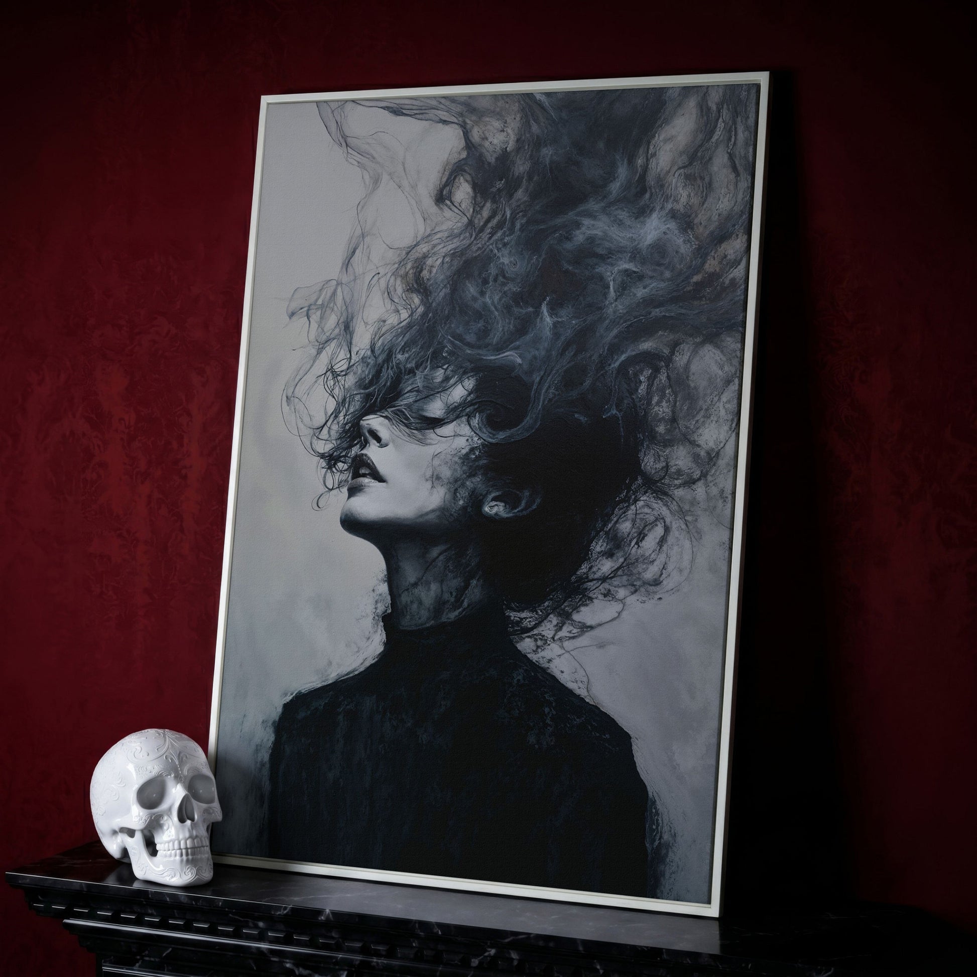 Moody Abstract Feminine Portrait Canvas in white floating frame