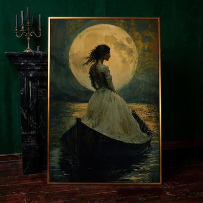Woman in Ochre Gown Drifting Under Moonlight Canvas in antique gold floating frame