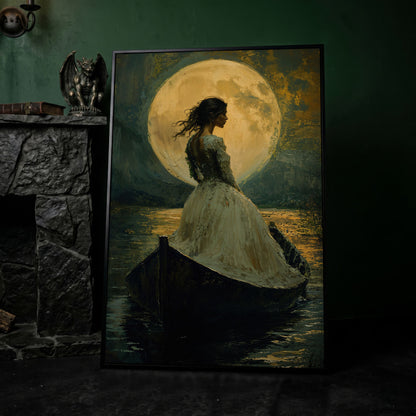Woman in Ochre Gown Drifting Under Moonlight Canvas in black floating frame