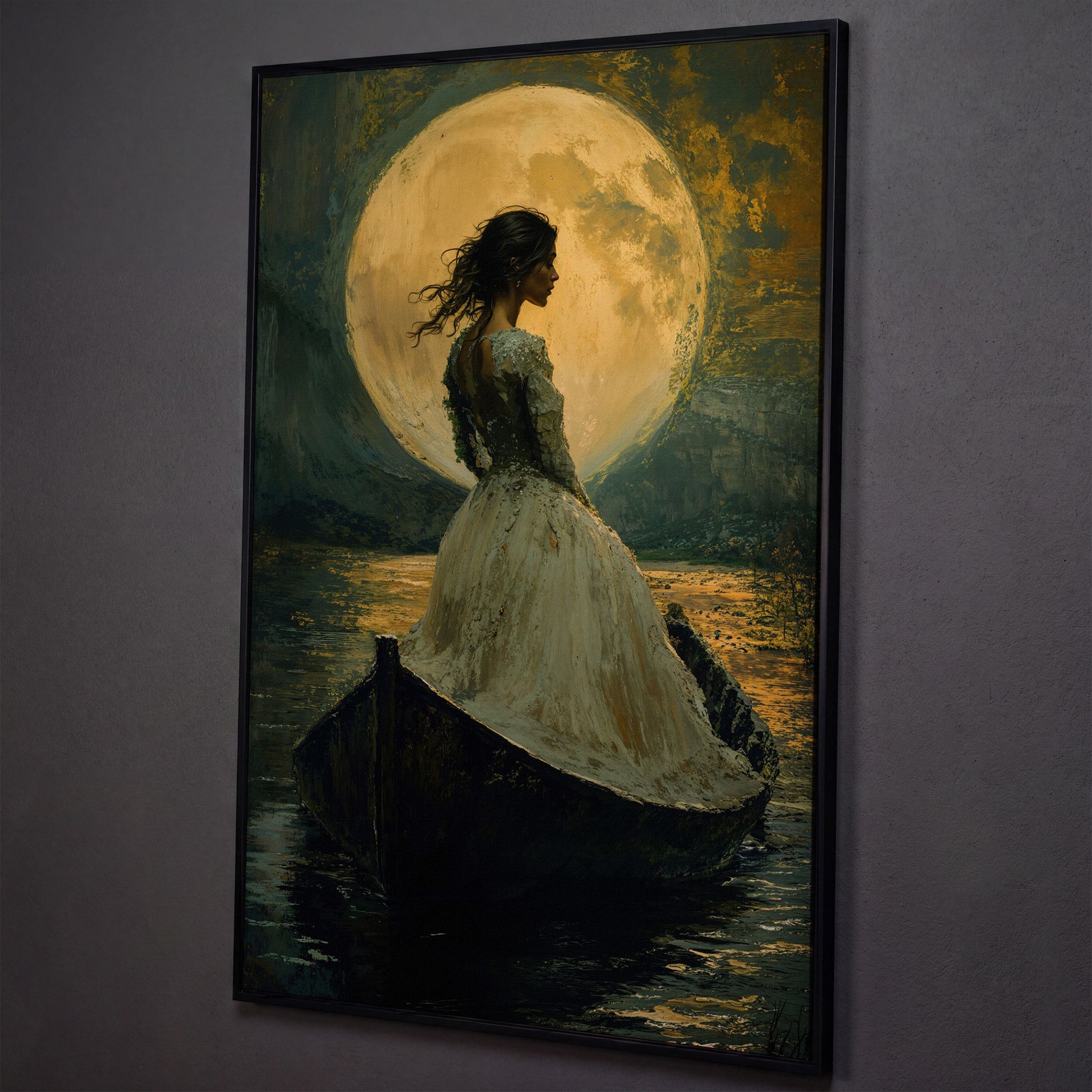 Woman in Ochre Gown Drifting Under Moonlight Canvas shown in black floating frame