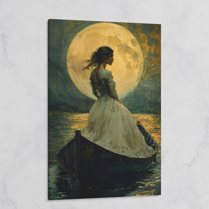 Woman in Ochre Gown Drifting Under Moonlight Canvas on gallery wrap