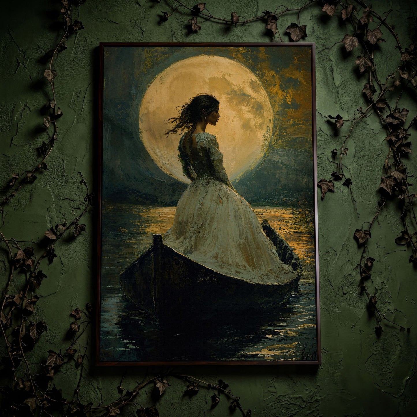 Woman in Ochre Gown Drifting Under Moonlight Canvas in dark walnut floating frame
