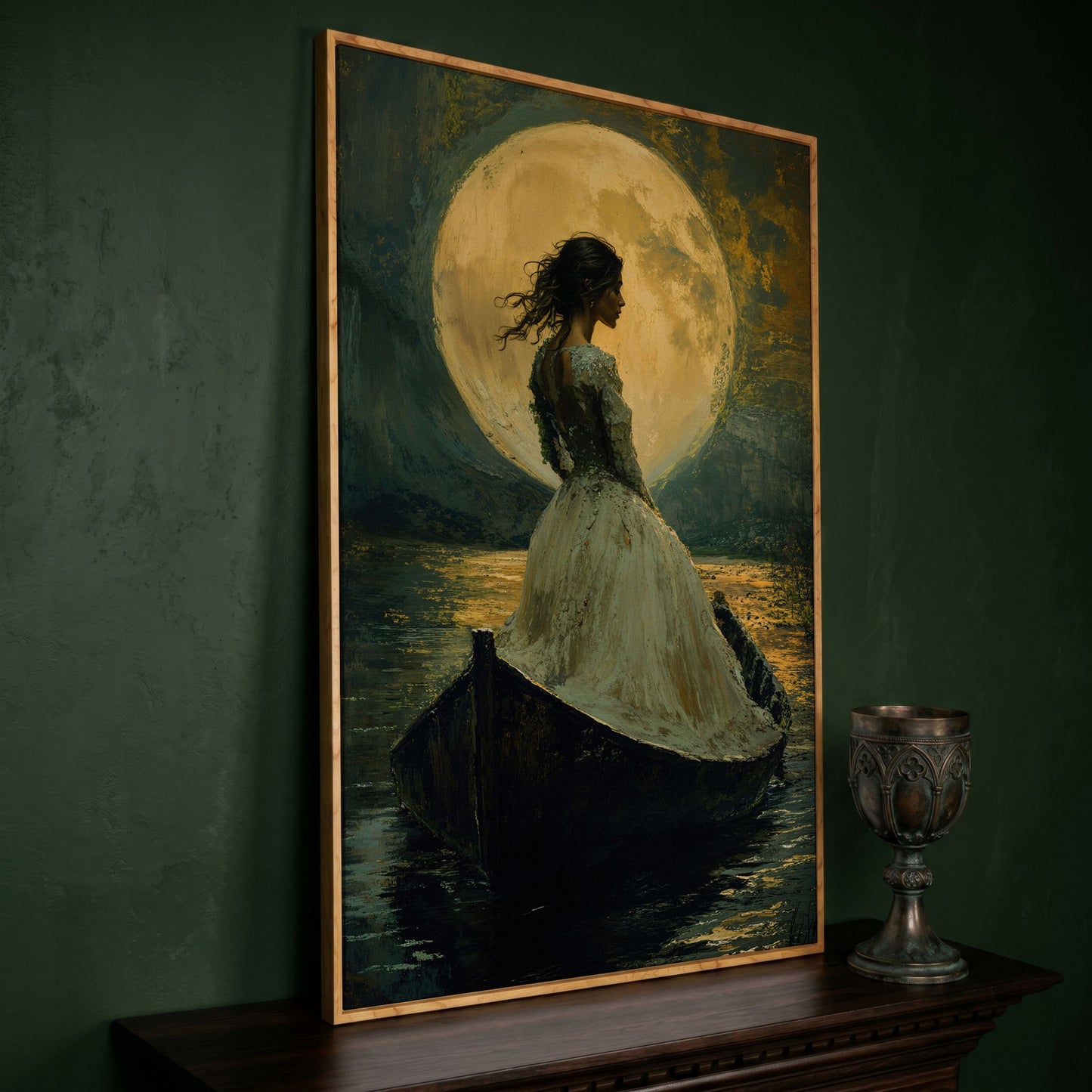 Woman in Ochre Gown Drifting Under Moonlight Canvas in white oak floating frame
