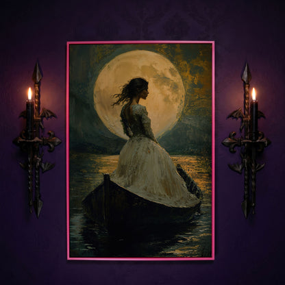 Woman in Ochre Gown Drifting Under Moonlight Canvas in pink floating frame