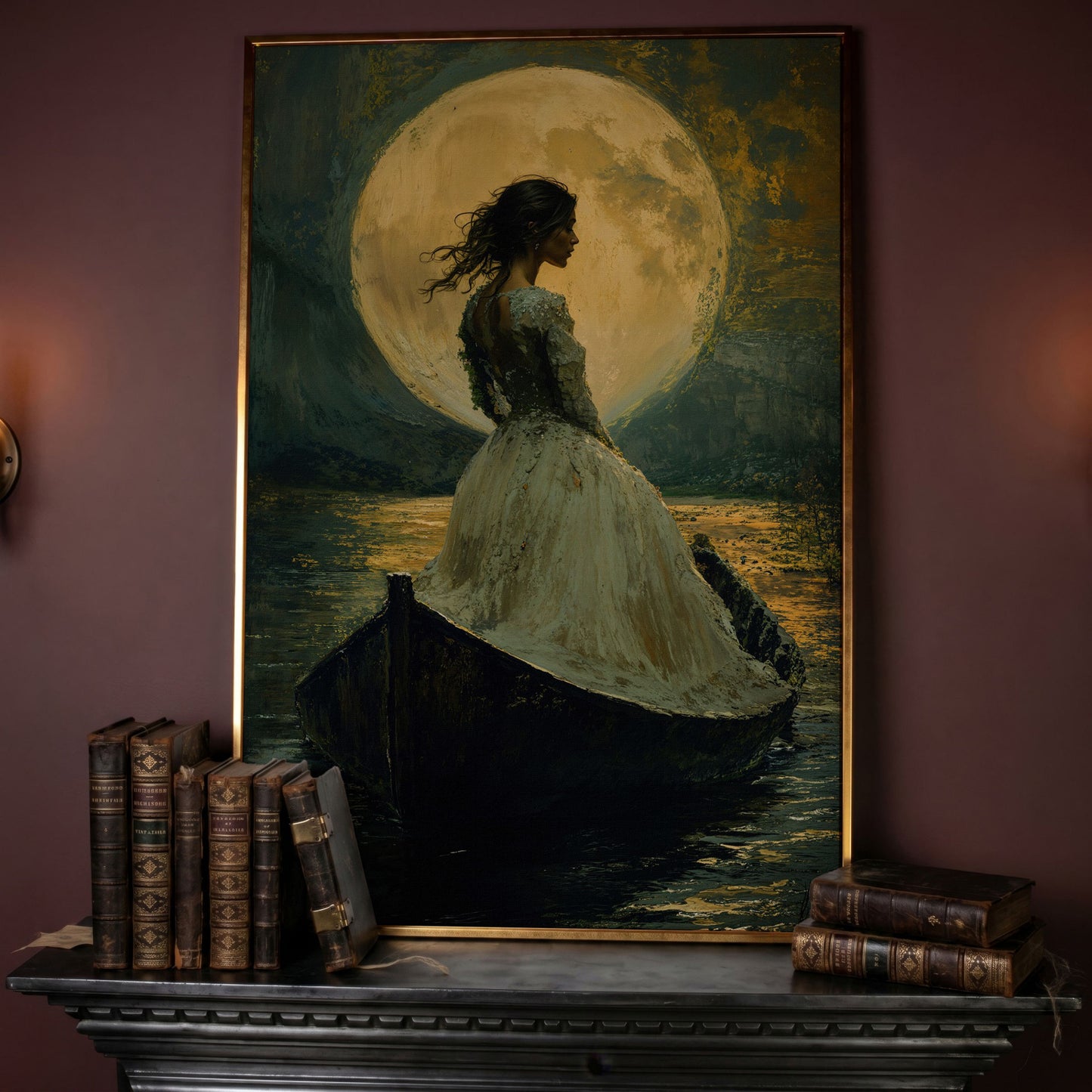 Woman in Ochre Gown Drifting Under Moonlight Canvas in rose gold floating frame