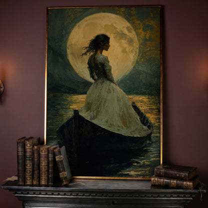 Woman in Ochre Gown Drifting Under Moonlight Canvas in rose gold floating frame