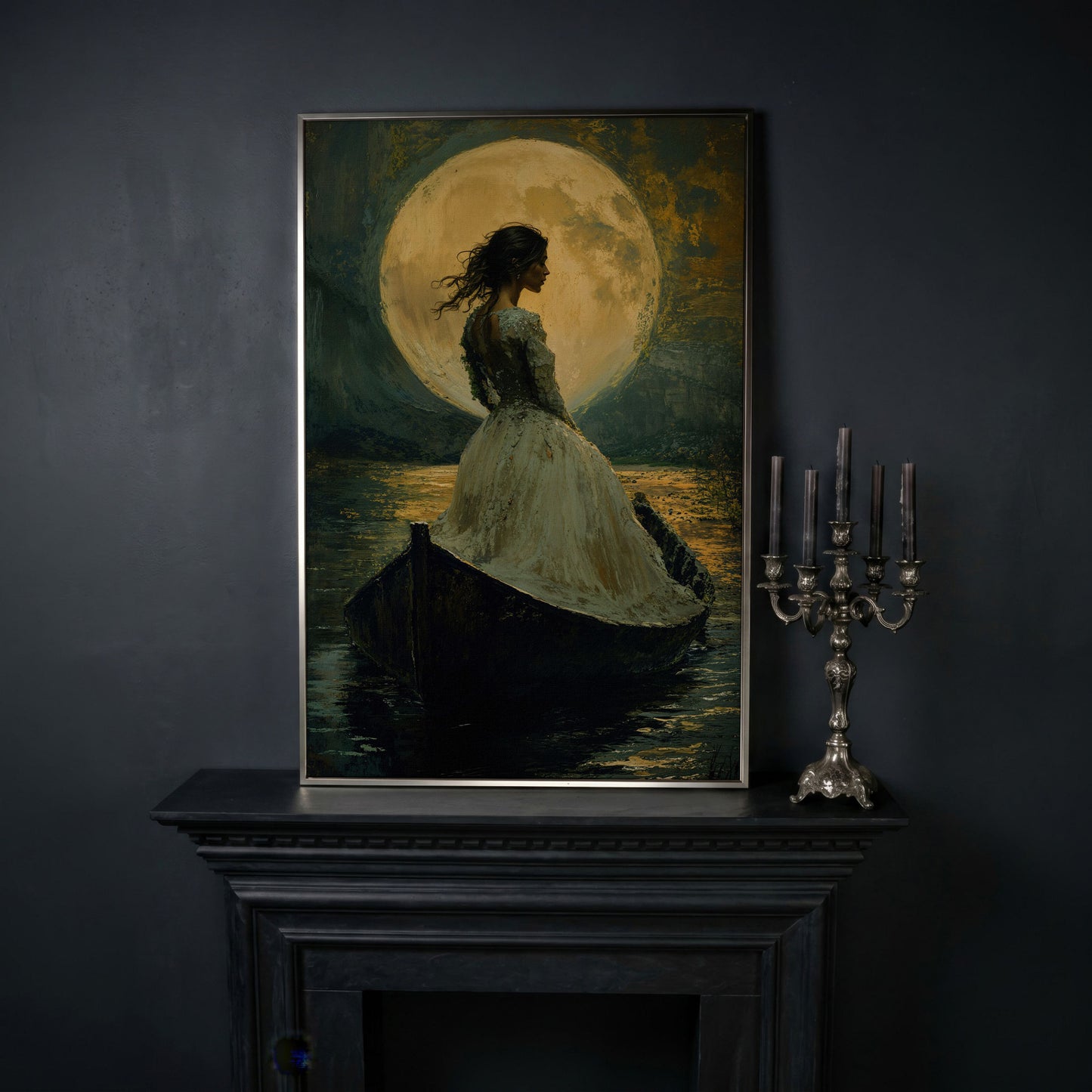 Woman in Ochre Gown Drifting Under Moonlight Canvas in silver floating frame