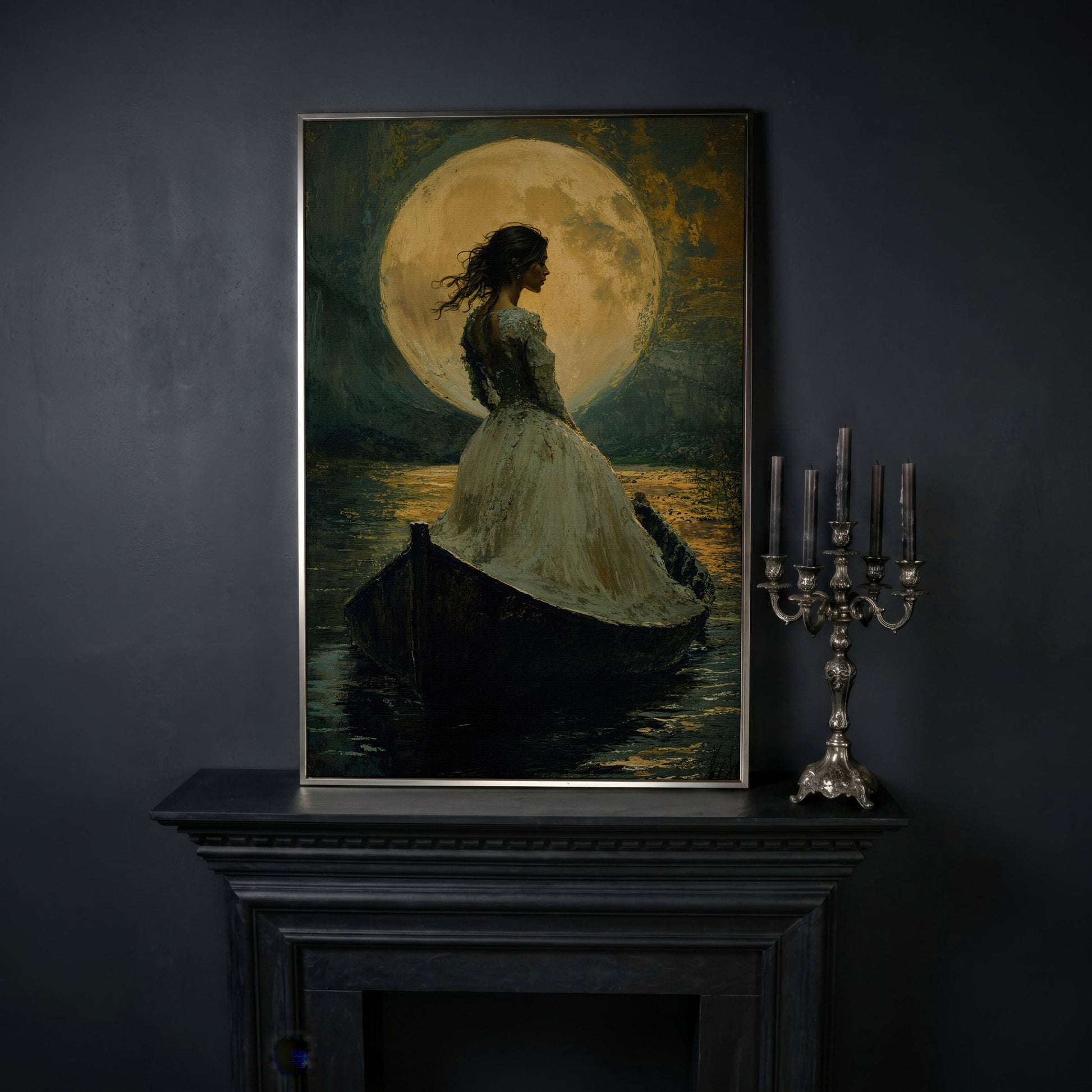 Woman in Ochre Gown Drifting Under Moonlight Canvas in silver floating frame