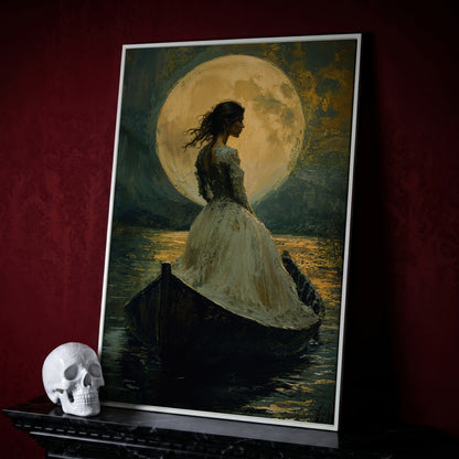 Woman in Ochre Gown Drifting Under Moonlight Canvas in white floating frame